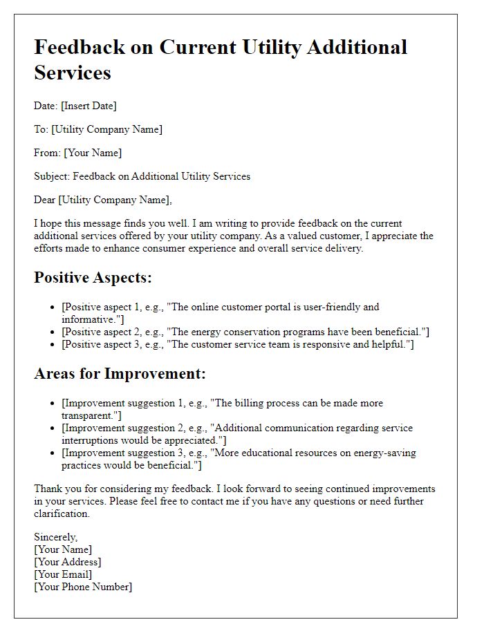 Letter template of feedback on current utility additional services