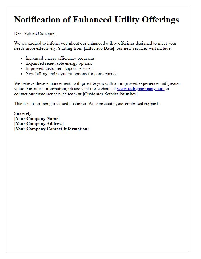 Letter template of notification for enhanced utility offerings
