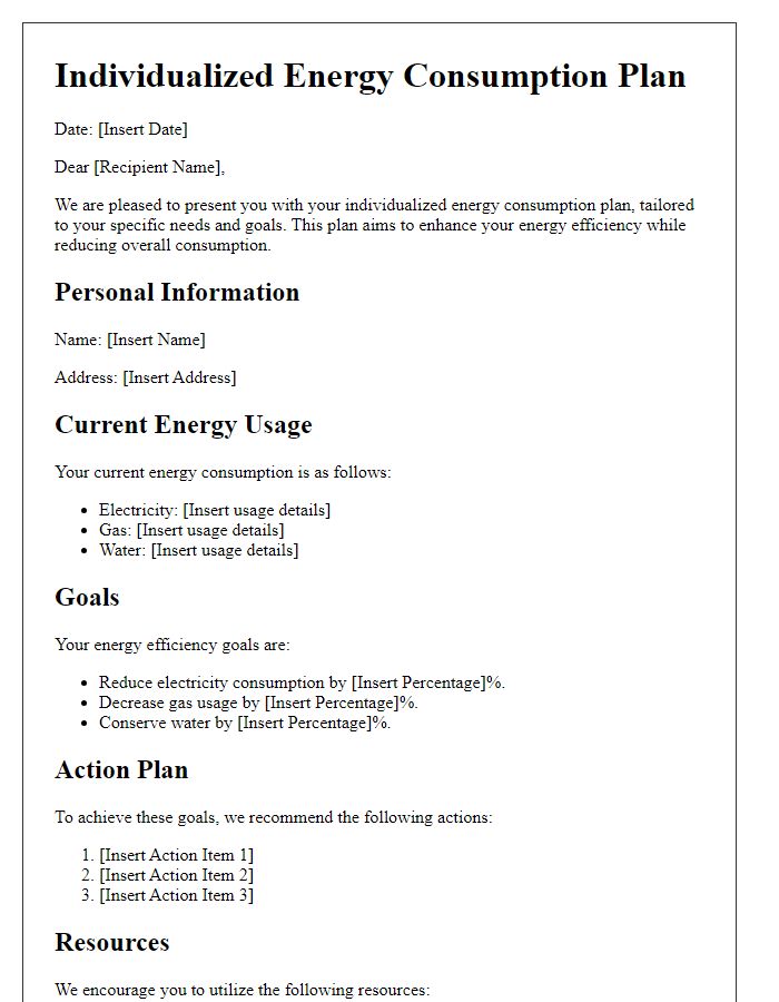 Letter template of individualized energy consumption plan