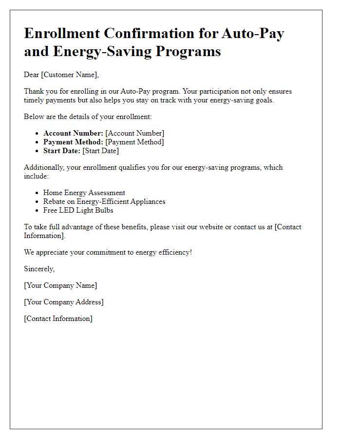 Letter template of utility bill auto-pay enrollment for energy-saving programs.