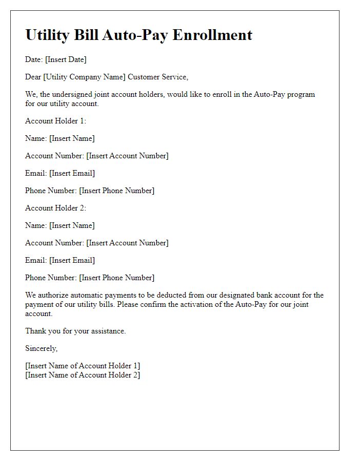 Letter template of utility bill auto-pay enrollment for joint account holders.