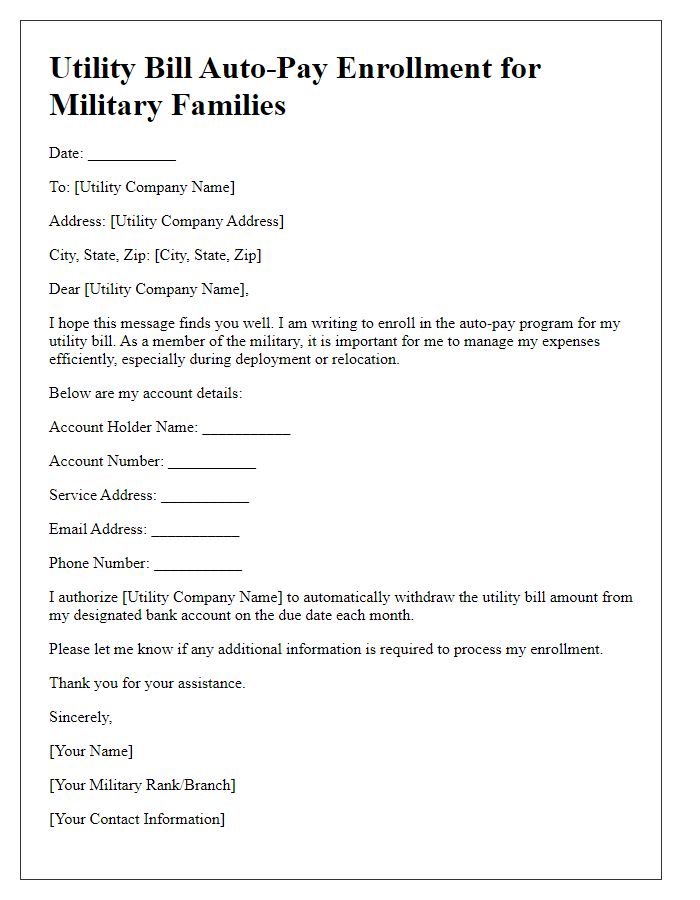 Letter template of utility bill auto-pay enrollment for military families.