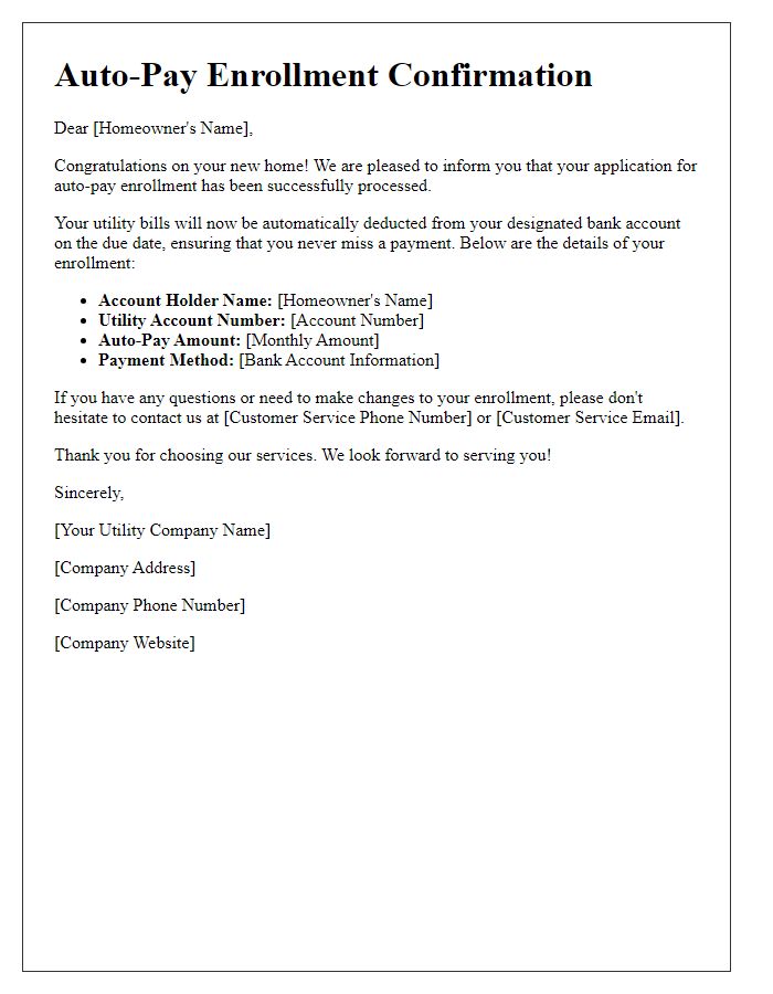 Letter template of utility bill auto-pay enrollment for new homeowners.