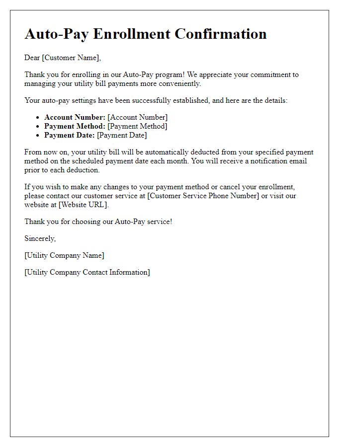 Letter template of utility bill auto-pay enrollment for residential customers.