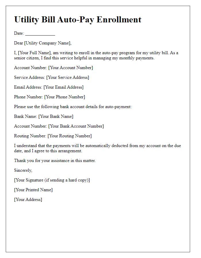 Letter template of utility bill auto-pay enrollment for senior citizens.