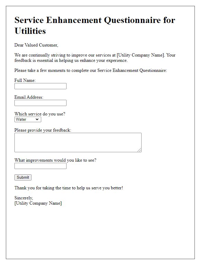 Letter template of service enhancement questionnaire for utilities