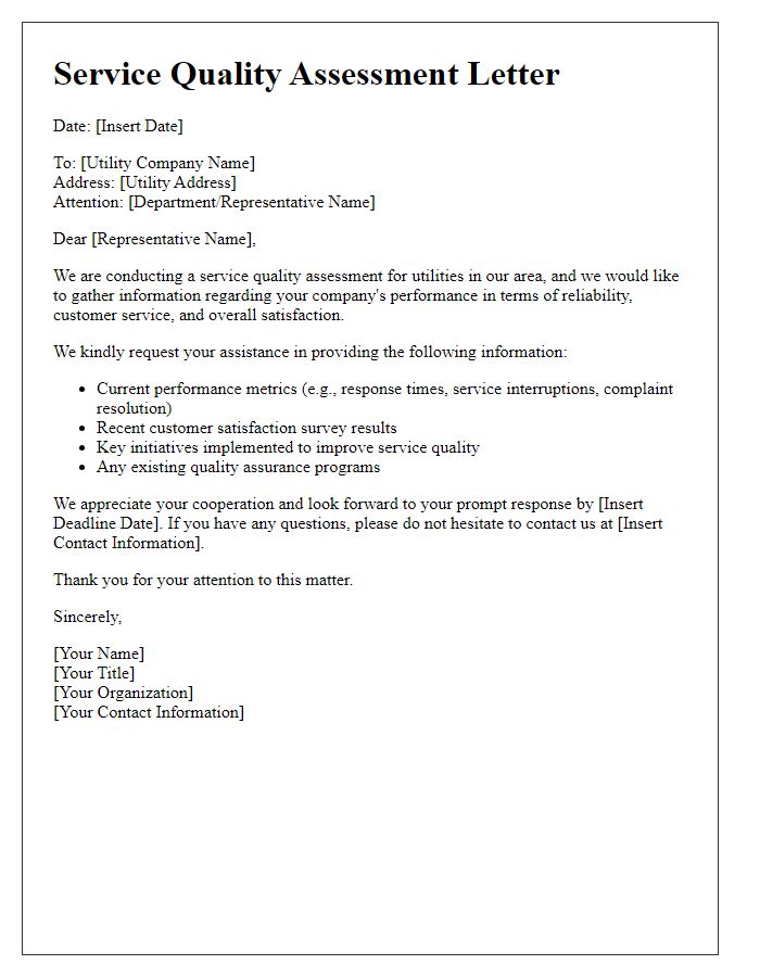 Letter template of service quality assessment for utilities