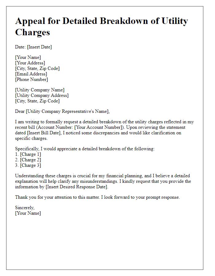 Letter template of appeal for a detailed breakdown of utility charges.