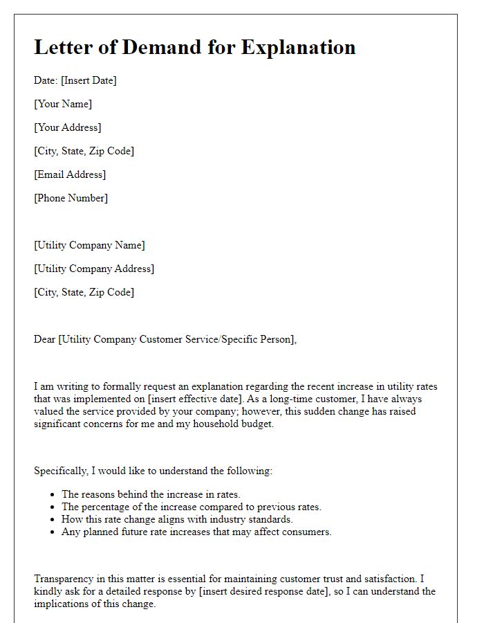 Letter template of demand for explanation of recent utility rate increase.