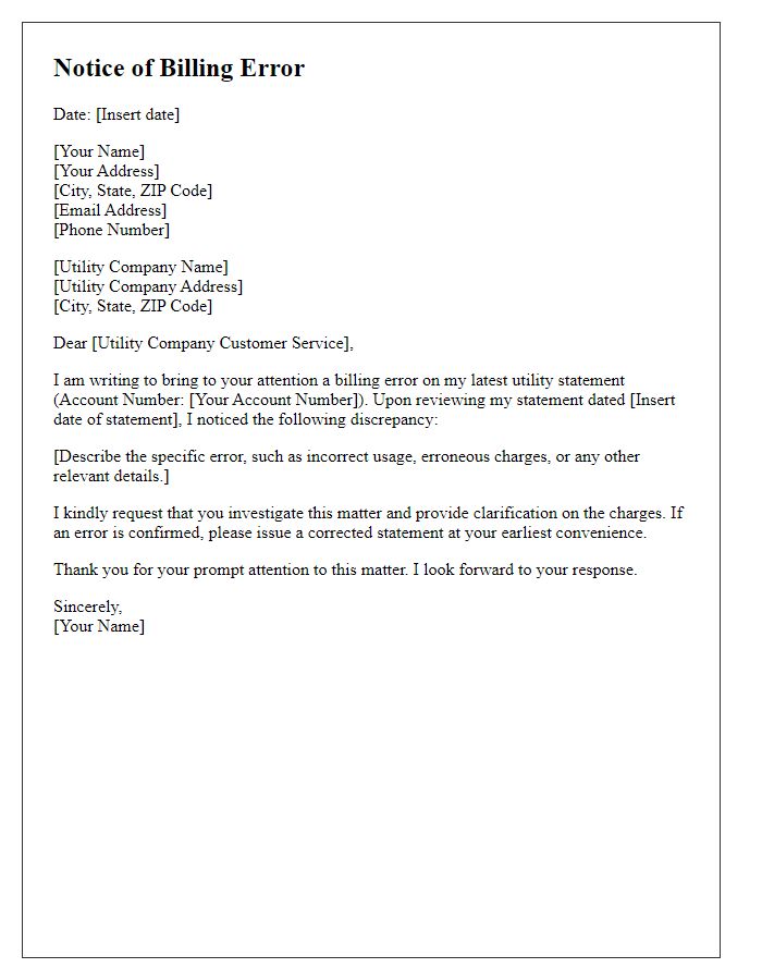 Letter template of notification of billing error in utility statement.