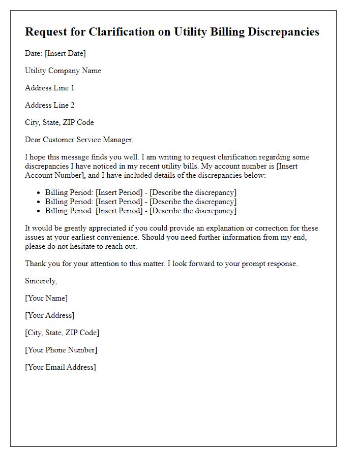 Letter template of request for clarification on utility billing discrepancies.