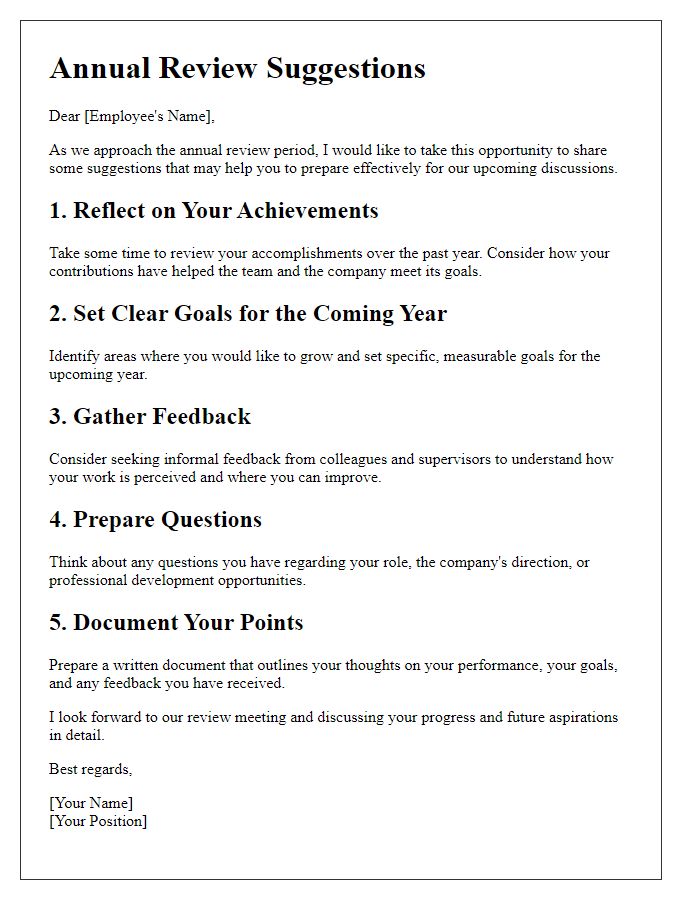 Letter template of annual review suggestions.