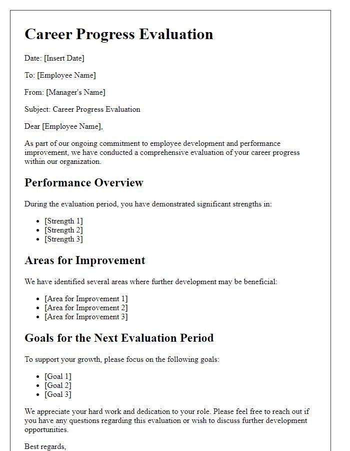 Letter template of career progress evaluation.