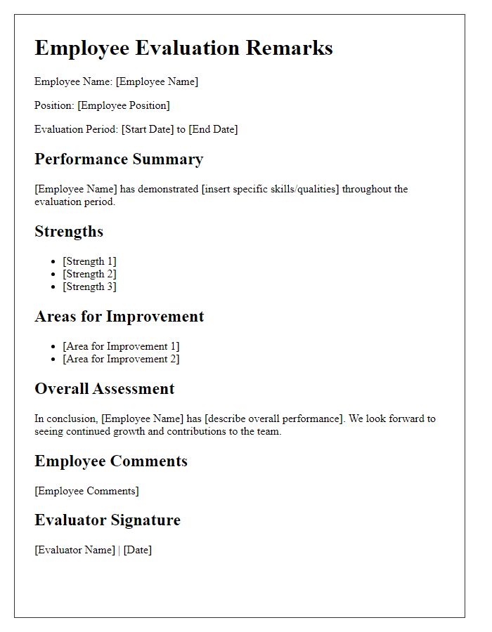 Letter template of employee evaluation remarks.