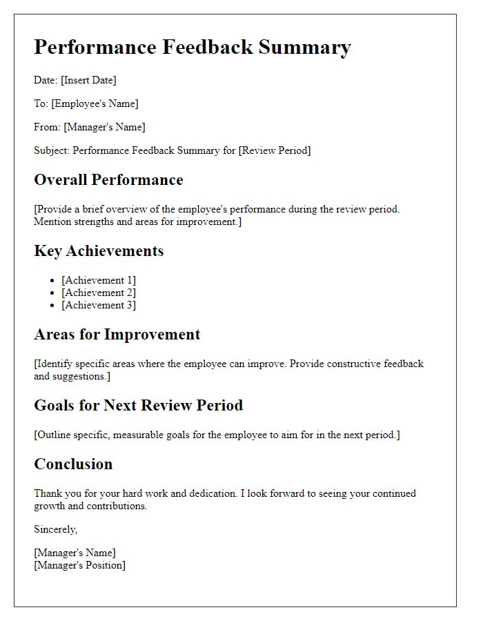 Letter template of performance feedback summary.