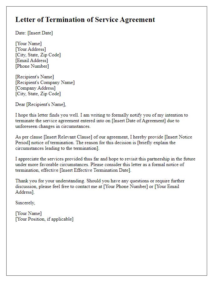 Letter template of service agreement contract termination for change of circumstances.