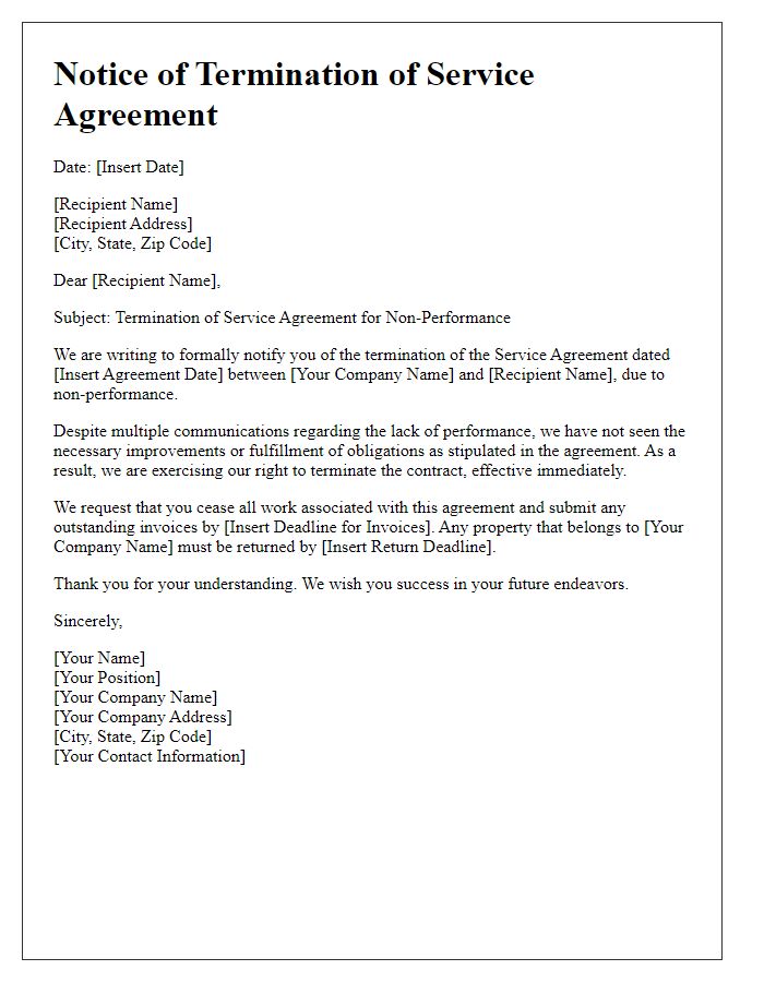 Letter template of service agreement contract termination for non-performance.