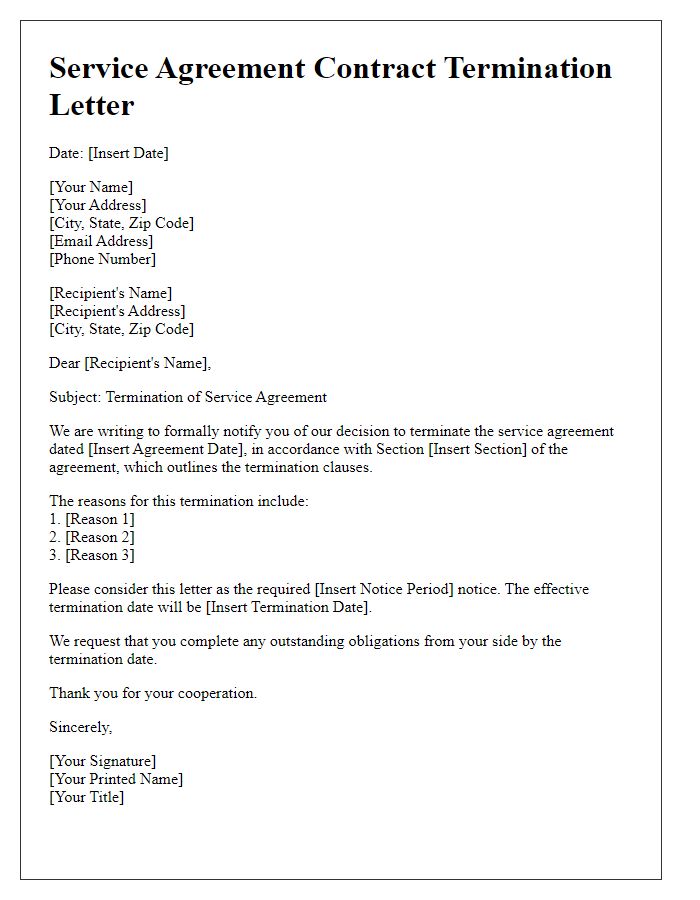 Letter template of service agreement contract termination with termination clauses reference.