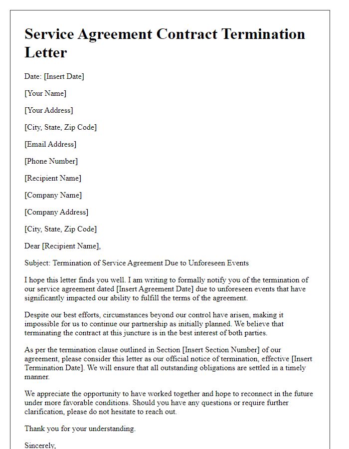 Letter template of service agreement contract termination for unforeseen events.