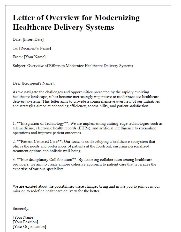 Letter template of overview for modernizing healthcare delivery systems.