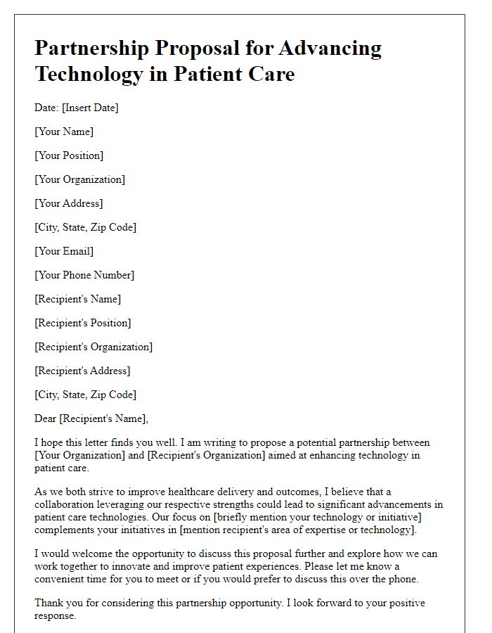 Letter template of partnership suggestion for technology in patient care.