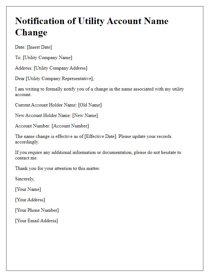 Letter template of notification for utility account name change