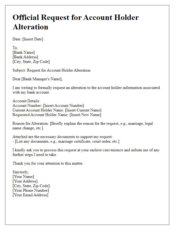 Letter template of official request for account holder alteration