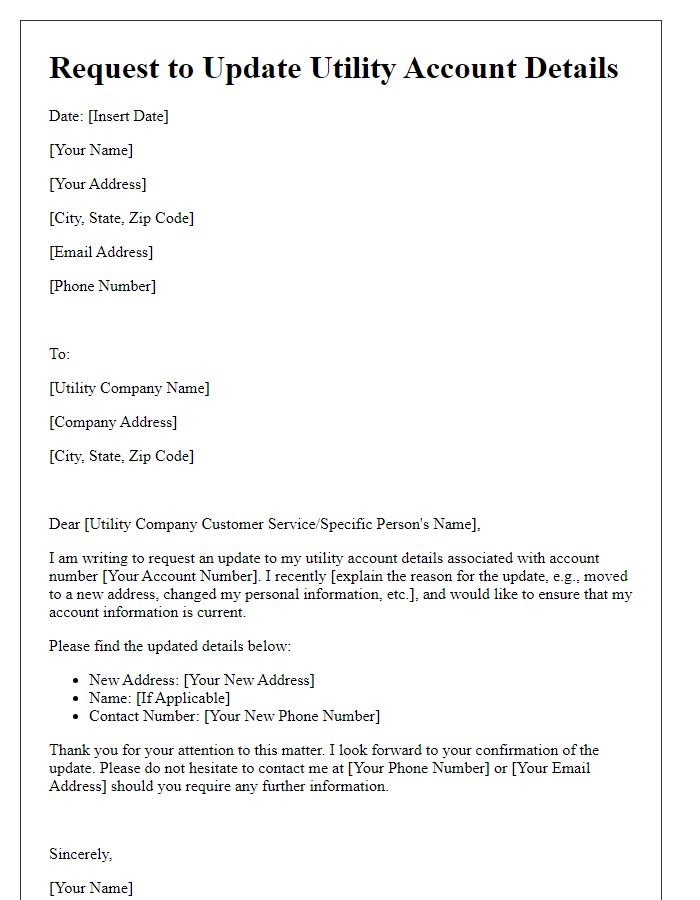 Letter template of request to update utility account details