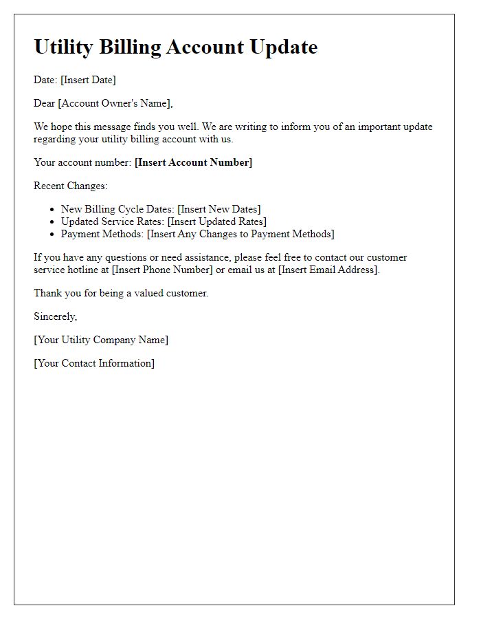 Letter template of update for utility billing account owner