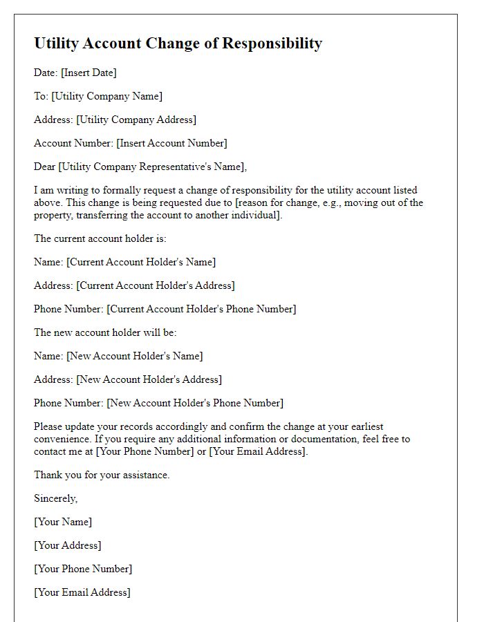 Letter template of utility account change of responsibility