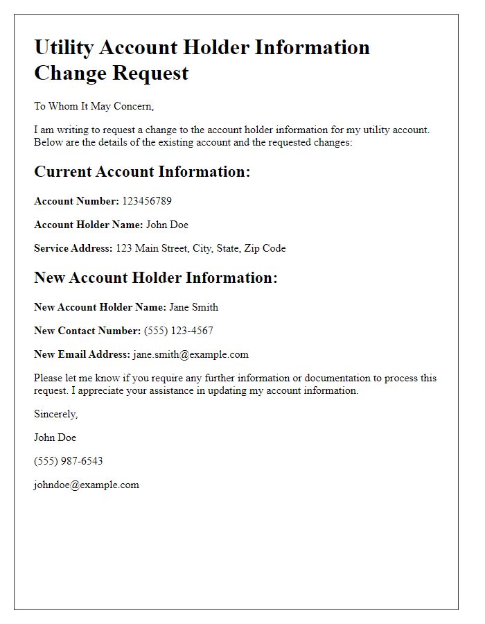 Letter template of utility account holder information change