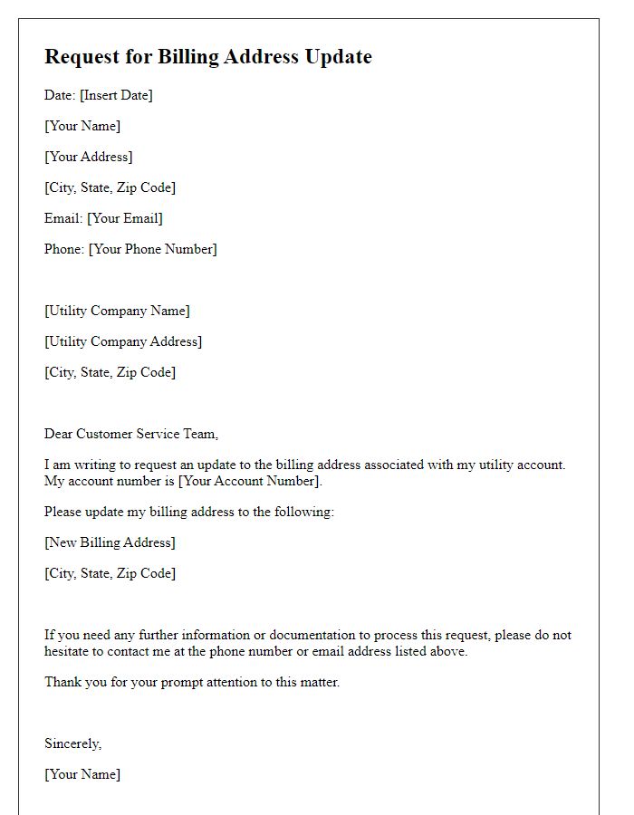 Letter template of request for billing address update in utility account