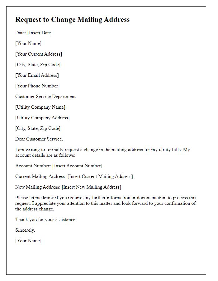 Letter template of request to change mailing address for utility bills