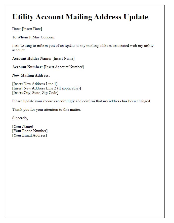 Letter template of update for utility account mailing address