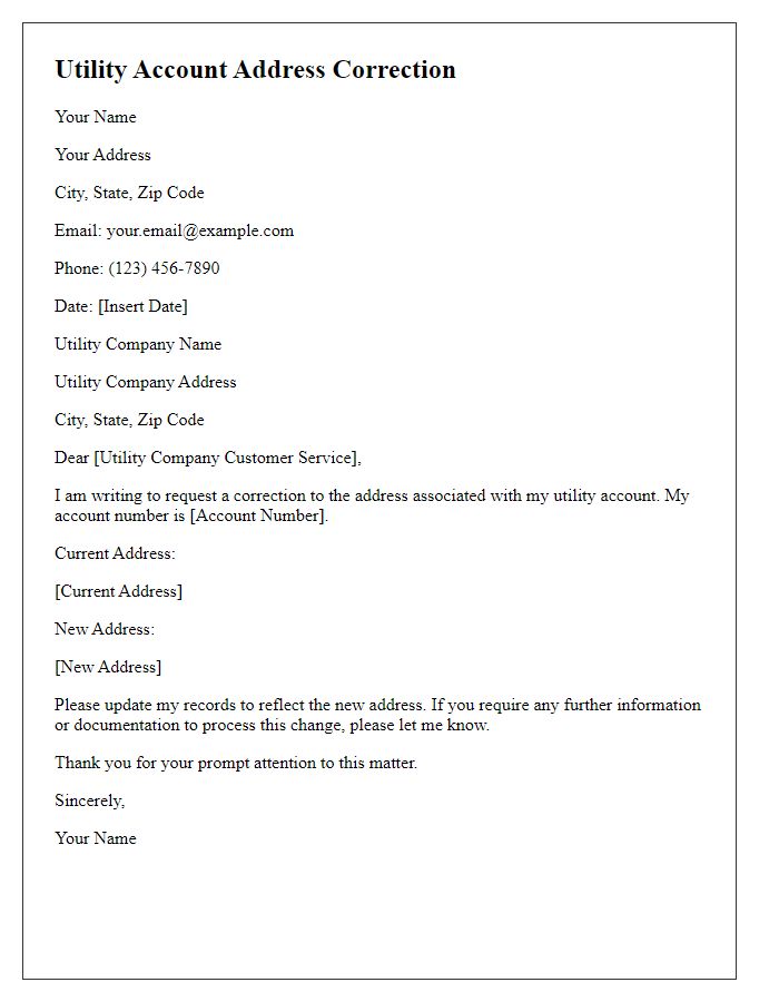 Letter template of utility account address correction