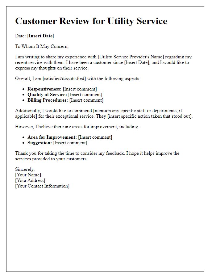 Letter template of customer review for utility service