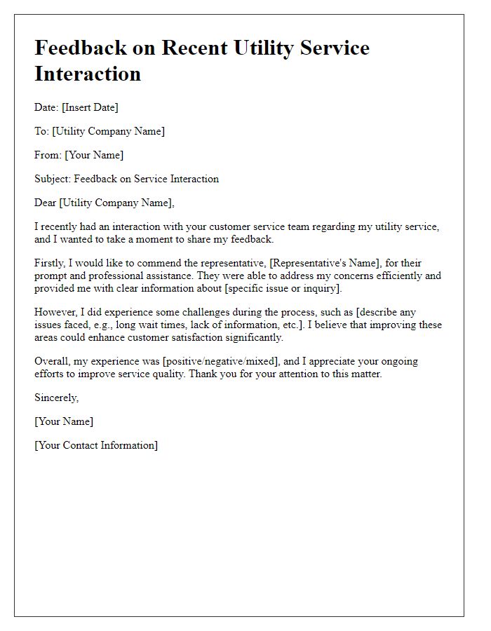 Letter template of feedback on recent utility service interaction