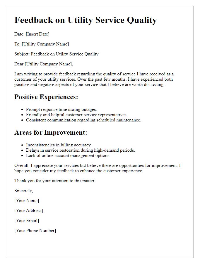 Letter template of feedback regarding utility service quality