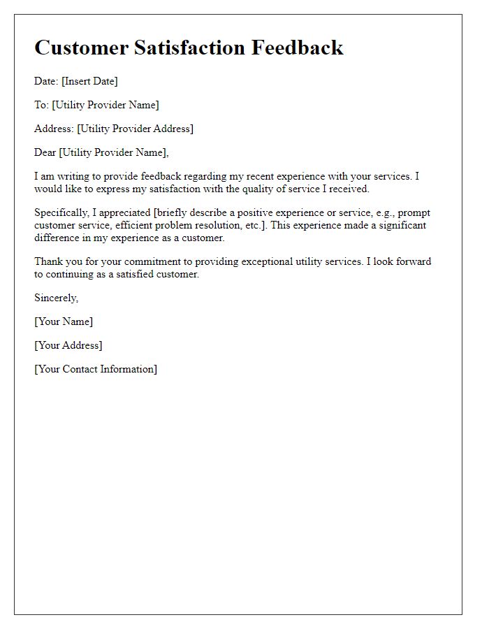 Letter template of satisfaction feedback for utility providers