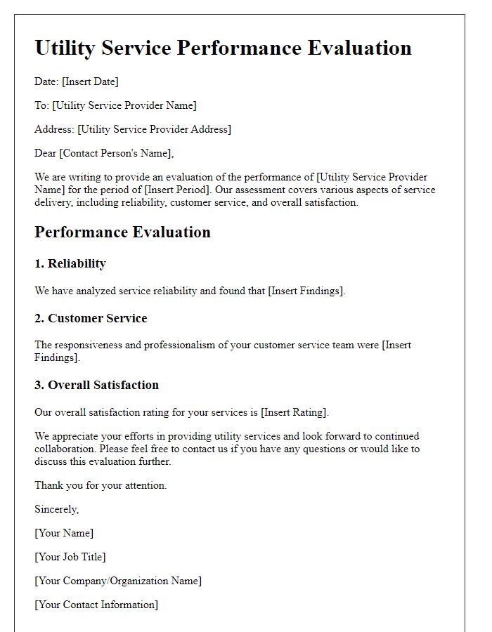 Letter template of utility service performance evaluation