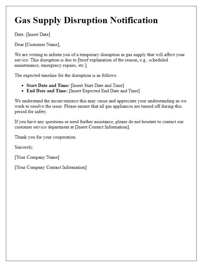 Letter template of gas supply disruption notification