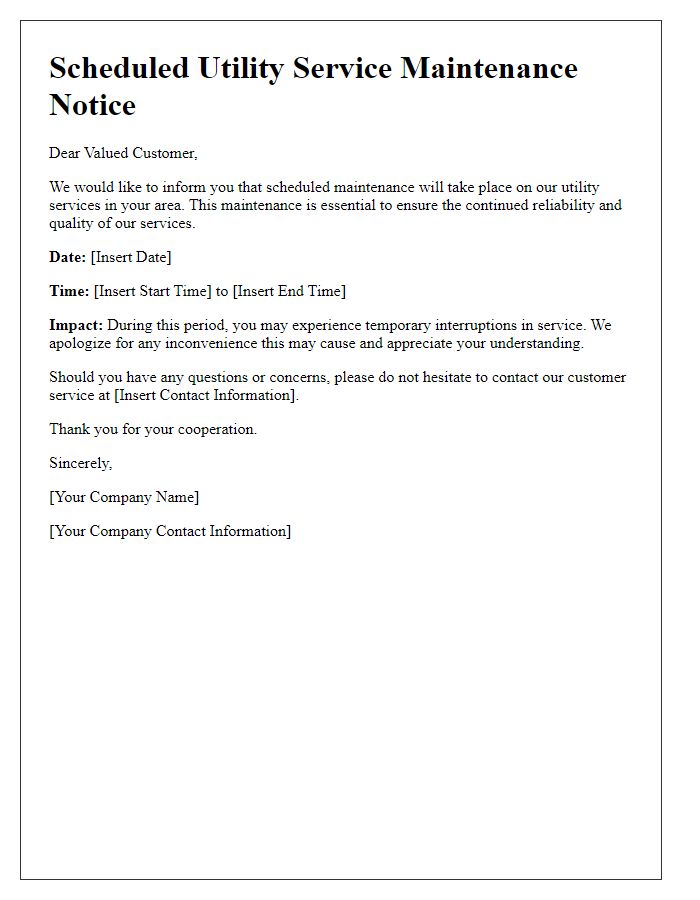 Letter template of scheduled utility service maintenance notice