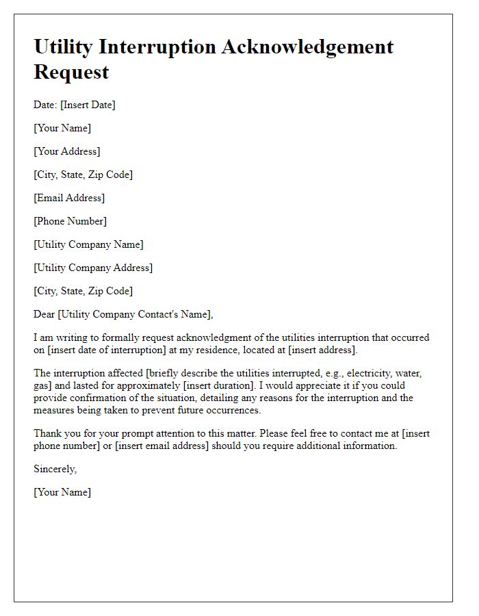 Letter template of utility interruption acknowledgement request