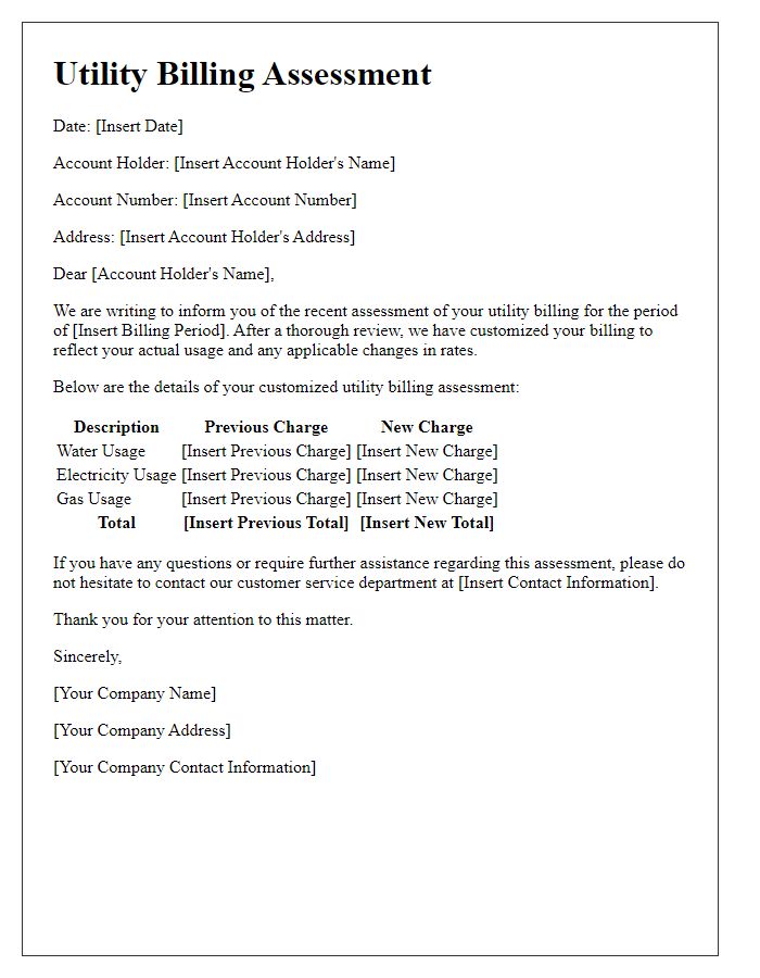 Letter template of customized utility billing assessment