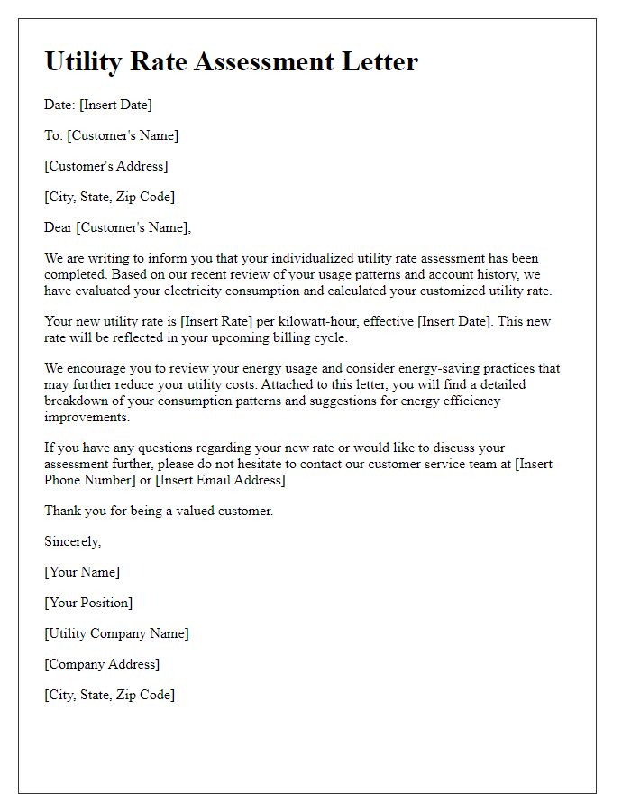 Letter template of individualized utility rate assessment