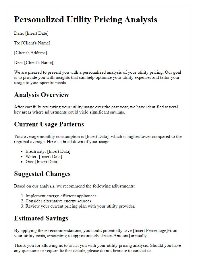 Letter template of personalized utility pricing analysis