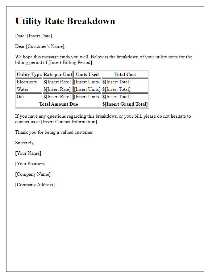 Letter template of specific utility rate breakdown