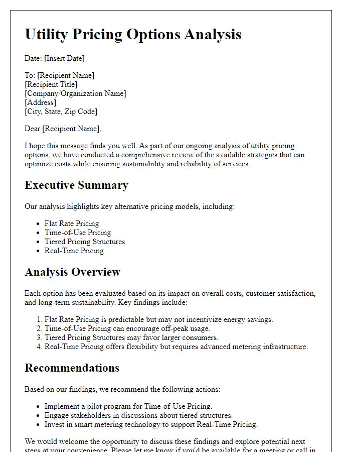 Letter template of utility pricing options analysis