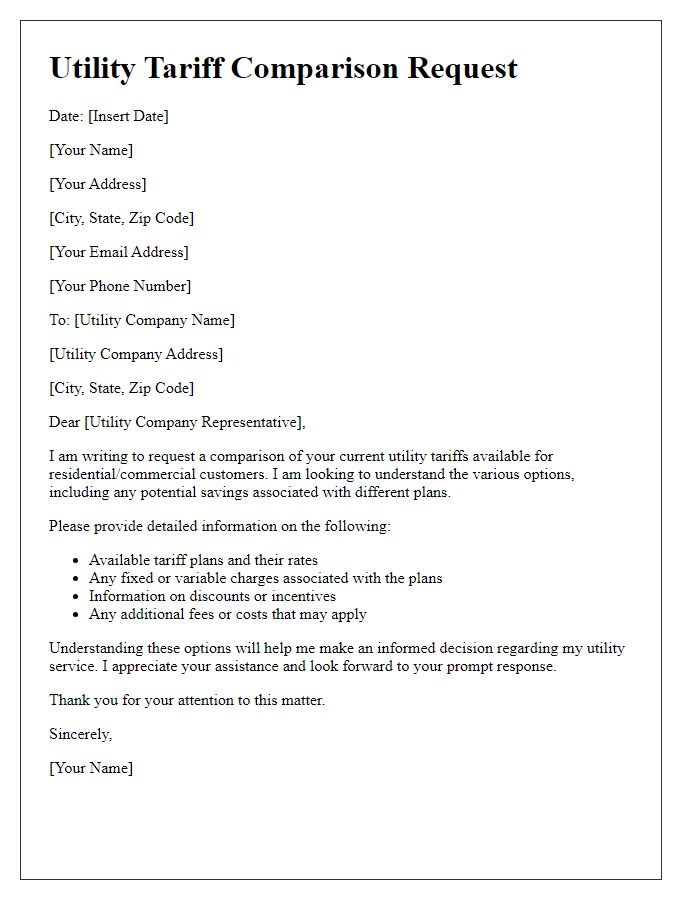 Letter template of utility tariff comparison request