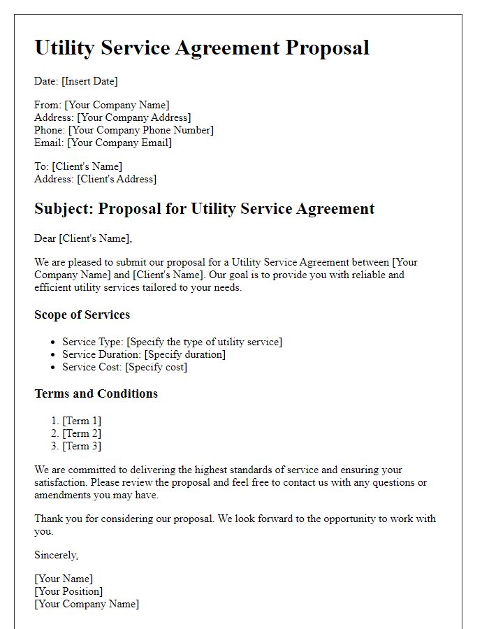 Letter template of utility service agreement proposal.